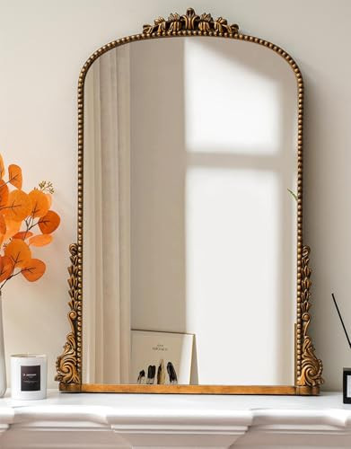 SHYFOY Antique Mirrors for Wall Decor 39'' x 28'' Large Vintage Wall Mirror Decorative Baroque Arch Mirrors for Living Room Entryway Powder Room, Antique-Gold | Amazon (US)