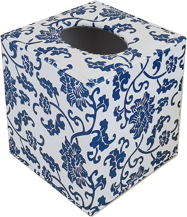 Home Decor Flower Pattern Faux Leather Tissue Box Cover (Square,Blue and White Porcelain) | Amazon (US)