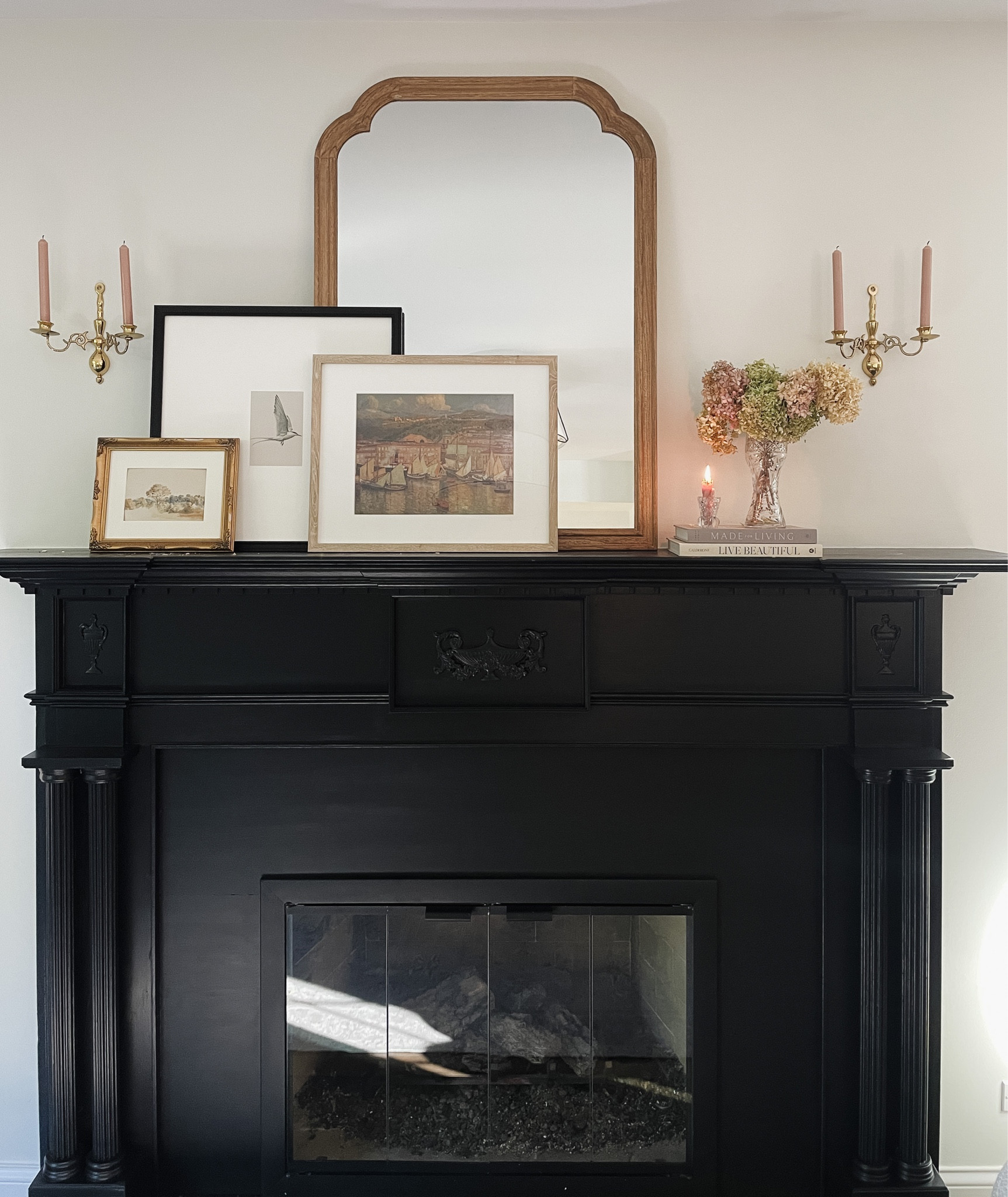 Fireplace decor. Mantle decor. Mantle mirror. Digital art. Home decor. Fall decor. Wood mirror. Candlestick sconces. Cut glass. Black fireplace. Vintage candle sconce. Brass candle sconce. Cut glass vase 

#LTKhome #LTKSeasonal