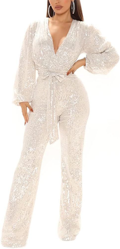 Women's Casual Sexy Deep V-Neck Long Sleeve Stretched Jumpsuit Sequin Slim Fit Long Rompers Party Ju | Amazon (US)