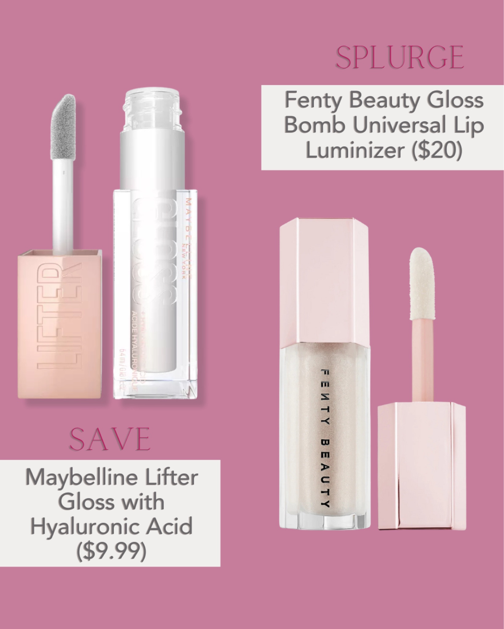 High-end makeup dupes series. Fenty Beauty Gloss Bomb universal Lip Luminizer and it’s dupe Maybelline Lifter Gloss with Hyaluronic Acid that will save you more than 10 buck. 
