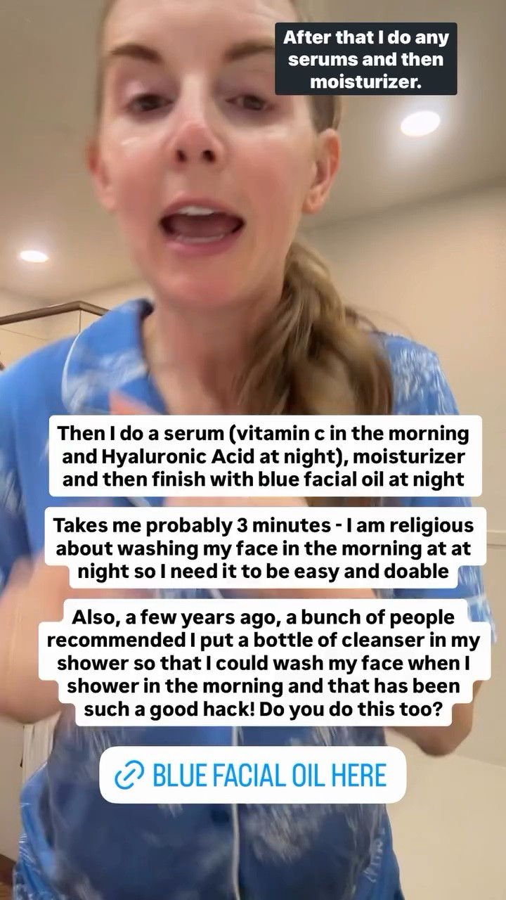 Skincare Routine: After cleanser and toner pads, I do a serum (vitamin c in the morning and Hyaluronic Acid at night), moisturizer and then finish with blue facial oil at night.

Takes me probably 3 minutes - I am religious about washing my face in the morning at at night so I need it to be easy and doable.

#LTKBeauty
