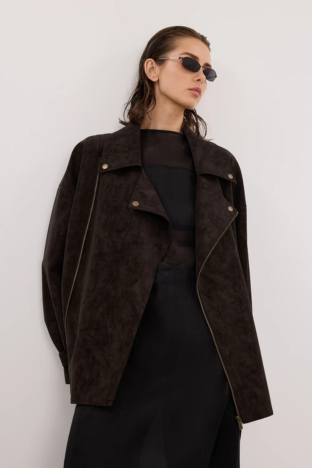 OAKLAND CHOC FAUX SUEDE LONG JACKET | DISSH