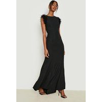 Womens Feather Trim Open Back Fishtail Maxi Dress - Black - 10, Black | Boohoo.com (UK & IE)