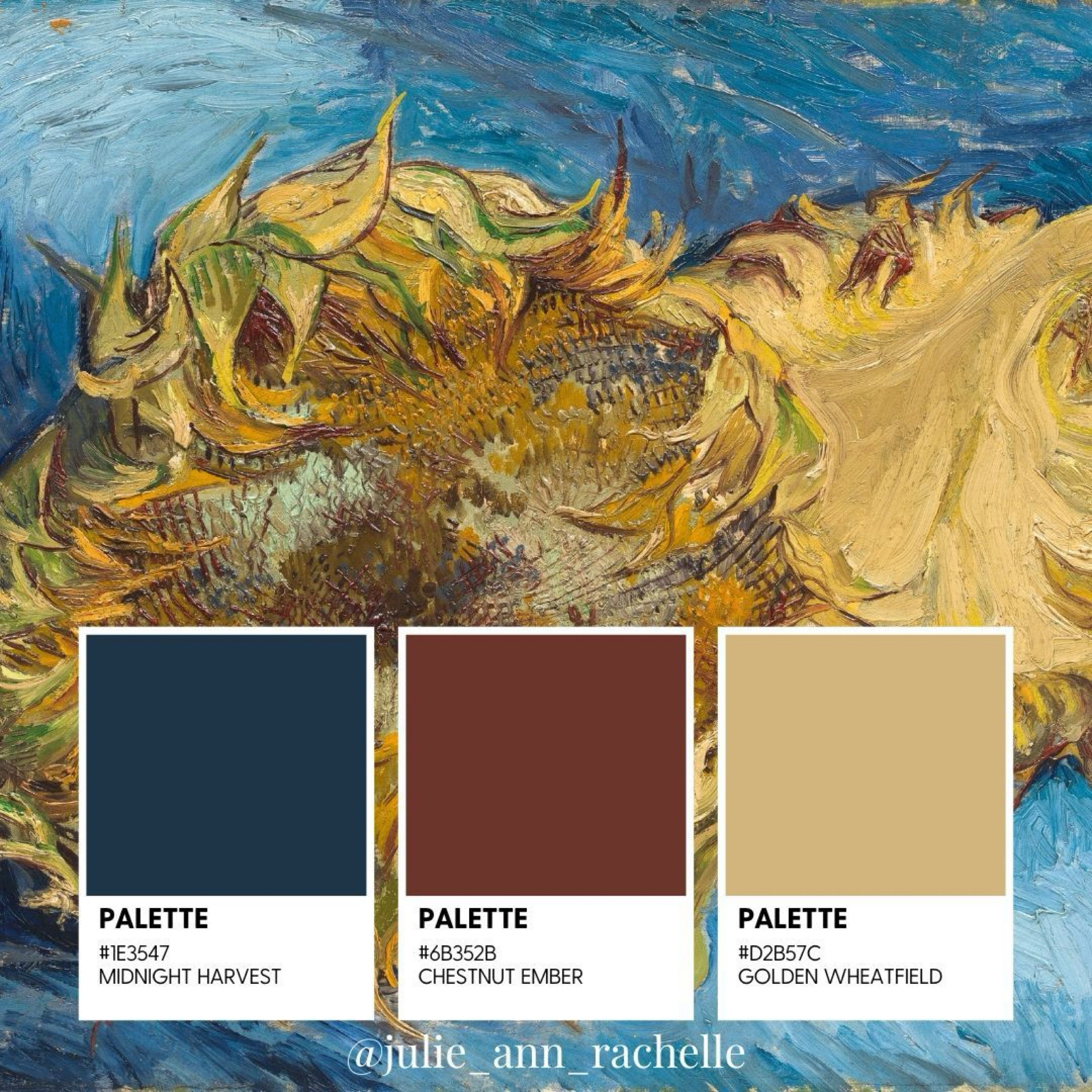 🍂 Transform your home into an autumnal masterpiece with a touch of Van Gogh's genius! 🎨 Inspired by the artist's iconic use of color and texture, our fall color palette—Midnight Harvest, Chestnut Ember, and Golden Wheatfield—brings the beauty of the season indoors.

Start by painting an accent wall in Midnight Harvest to create a deep, tranquil backdrop that sets the mood for cozy evenings. Complement this with Chestnut Ember in your furnishings—think plush armchairs or a statement sofa that invites warmth and relaxation. Finally, sprinkle touches of Golden Wheatfield through decorative accents like cushions, throws, or even a gallery wall, evoking the golden glow of a late autumn afternoon.

These colors not only echo Van Gogh's vibrant strokes but also bring a warm, inviting feel to your space, perfect for enjoying the fall season. Add textured elements like woven baskets, rustic wood, and layered fabrics to complete the look and celebrate the season's bounty.

✨ Embrace the art of living with Van Gogh-inspired decor that tells a story of autumn's beauty. How are you infusing fall into your home this year? Share your #VanGoghInspiredFallDecor ideas with us in the comments! 🍁

Follow @julie_ann_rachelle for more home decor inspiration.