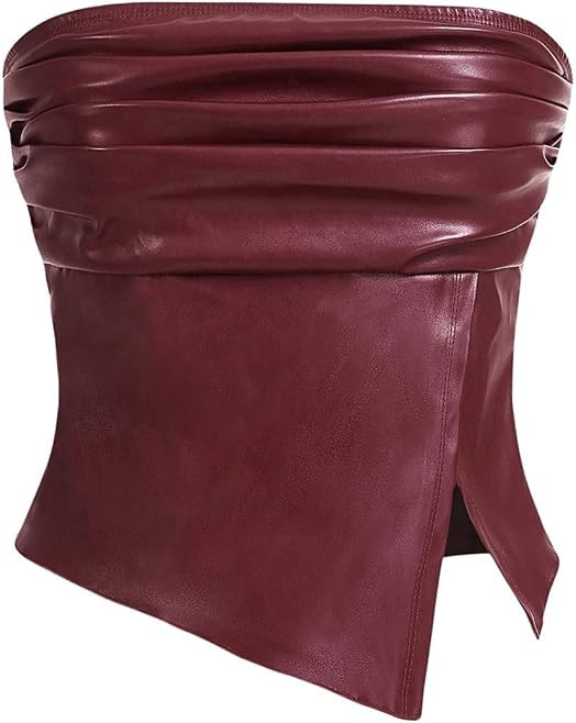 MakeMeChic Women's Leather Tops Strapless Concert Bandeau Crop Tube Tops Ruched Split Club Shirt | Amazon (US)