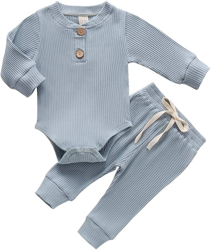 Newborn Baby Boy Girl Clothes Ribbed Knitted Cotton Long Sleeve Romper Long Pants Solid Color Fal... | Amazon (US)