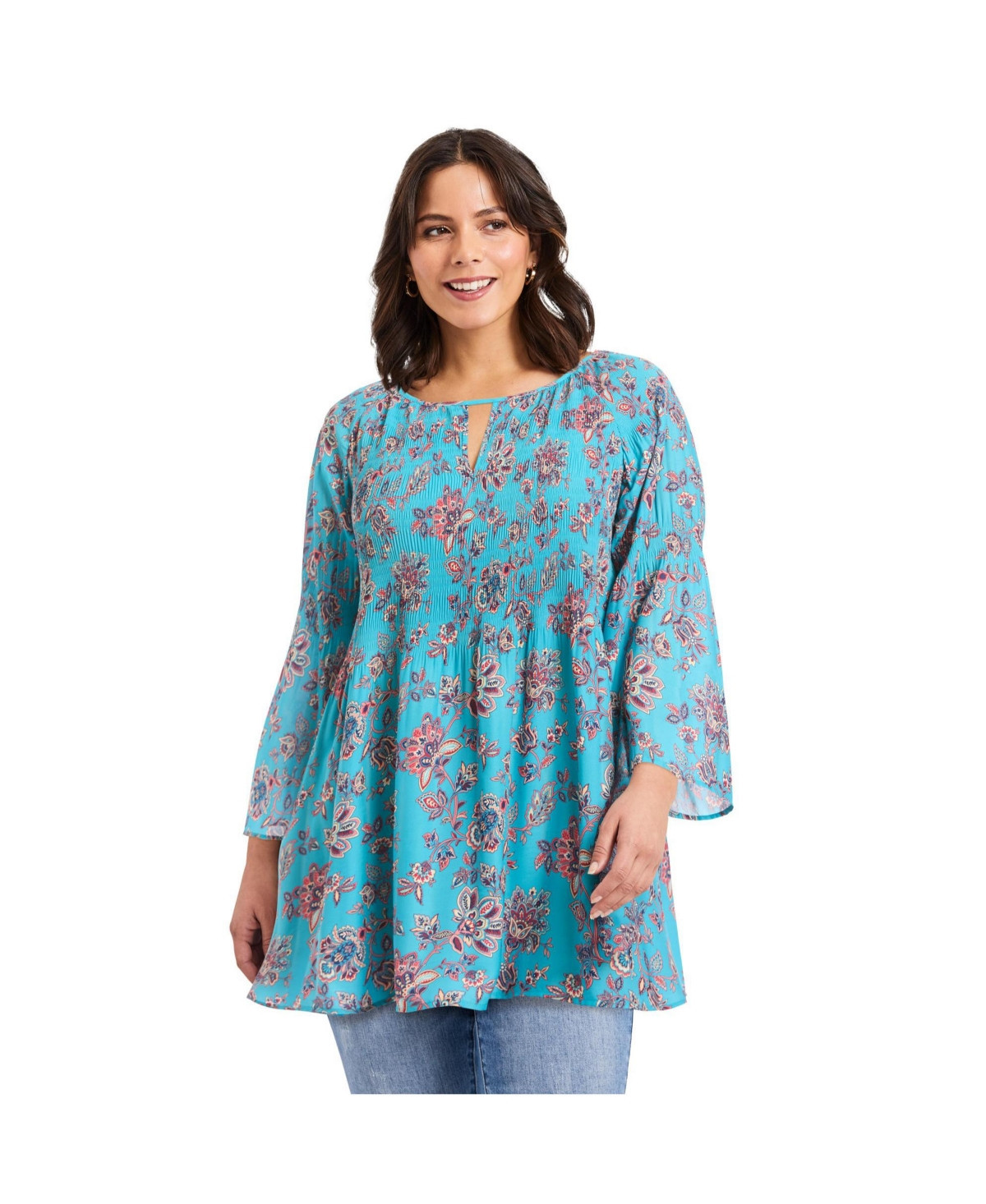 Avenue Women's Plus Size Keyhole Bell Sleeve Tunic - Aqua batik floral | Macy's