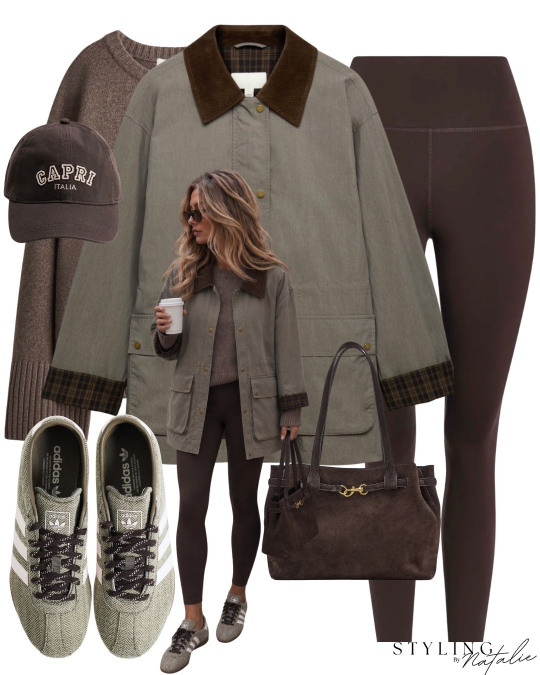 Barn jacket with checked sleeves, brown leggings, tweed Adidas Tokyo trainers, suede tote bag, brown cap and cashmere knit jumper. 
Autumn outfit, jackets, coats, casual, everyday wear, comfy casual, sneakers, fall outfit @adidas

#LTKuk #LTKautumn #LTKeurope