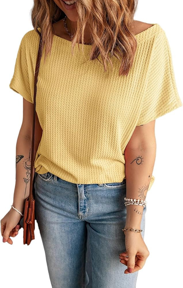 KINLONSAIR Women's Waffle Short Sleeve T Shirt Casual Loose Boat Neck Summer Tee Tops | Amazon (US)