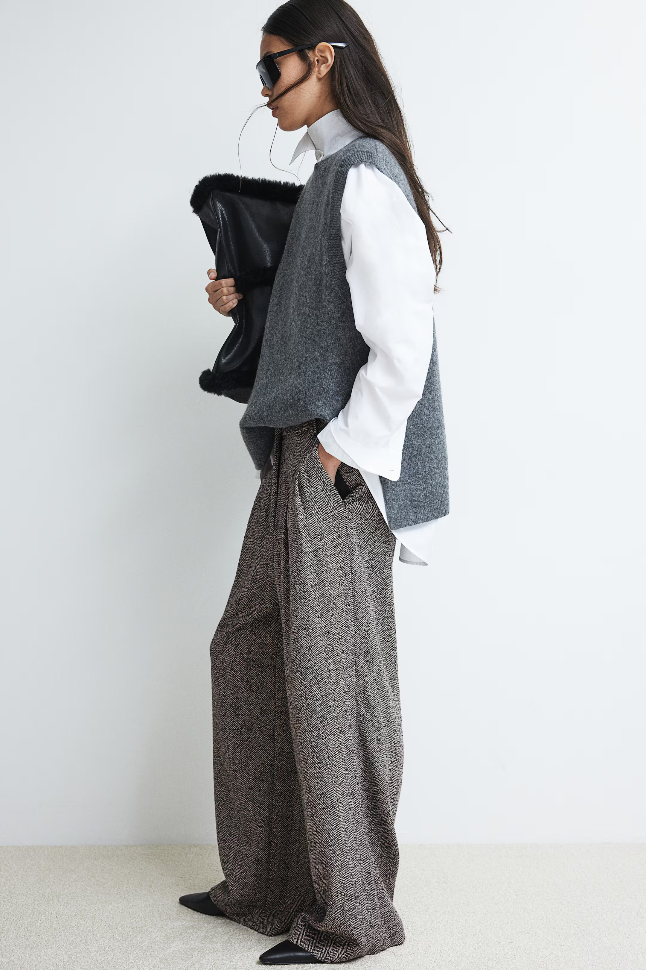 Wide-leg Pants - High waist - Long - Gray/herringbone-patterned - Ladies | H&M US | H&M (US + CA)