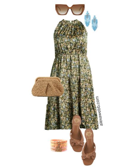 Plus Size Summer Dresses 3 - An easy casual summer outfit with a ditsy print satin halter dress in green, statement blue earrings, and a raffia clutch. Alexa Webb

#LTKStyleTip #LTKSeasonal #LTKPlusSize