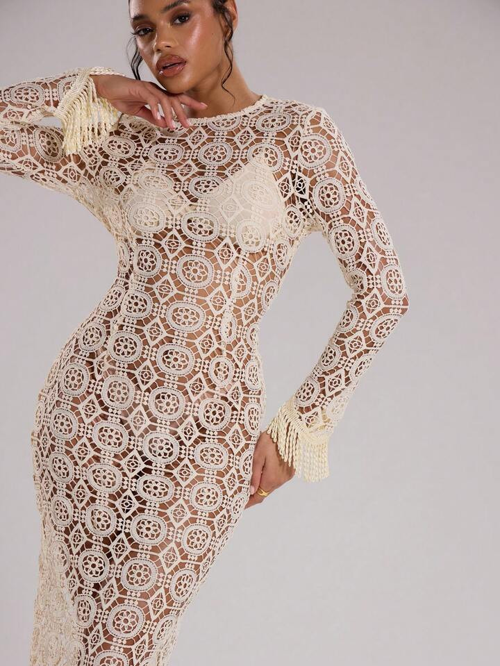 MUSERA Crochet Embroidered Fringe Maxi Dress | SHEIN