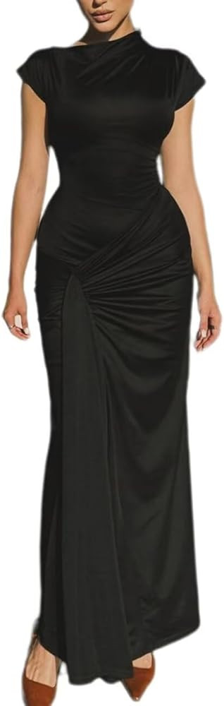 Mojessy Women Bodycon Maxi Dress Sexy Mock Neck Lace Up Bandage Ruched Short Sleeve Long Dress Co... | Amazon (US)