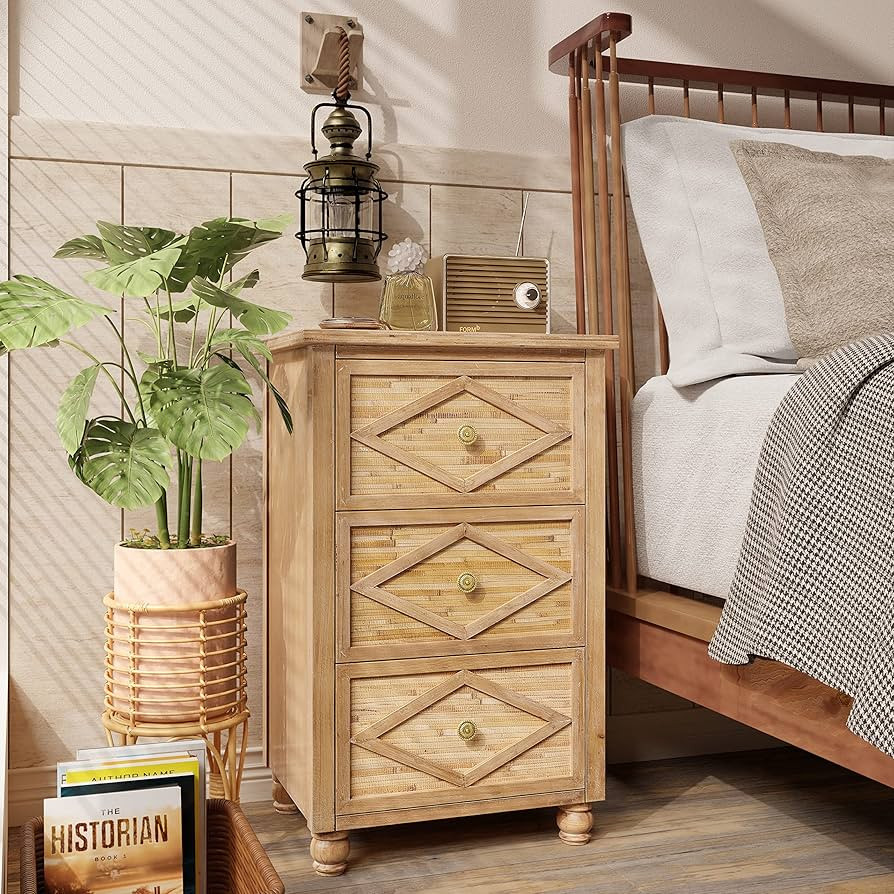 COZAYH Farmhouse 3-Drawer Nightstand, Woven Cattail Grass Slats Front Nightstand, Boho Bedside Ta... | Amazon (US)
