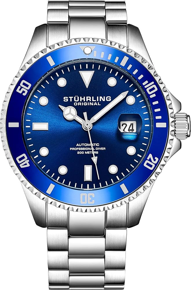 Stuhrling Original Mens Stainless Steel Automatic Self Wind Dive Watch Deep Blue Dial 200M Water ... | Amazon (US)