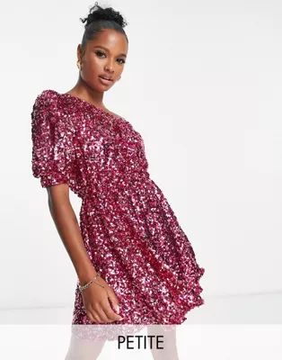 Ever New Petite one shoulder puff sleeve sequin mini dress in pink | ASOS (Global)
