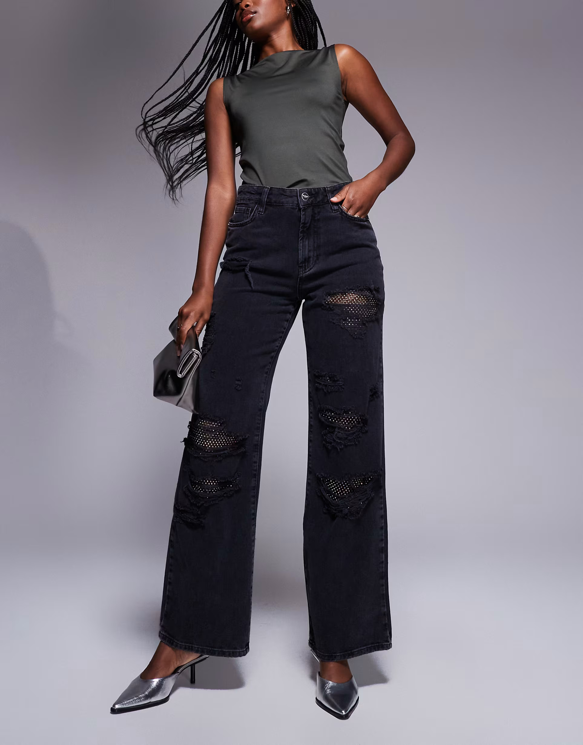 River Island embellished super distressed straight leg jean in black | ASOS (Global)