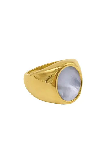 Adornia 14K Yellow Gold Plated Stainless Steel Mother of Pearl Signet Ring in White at Nordstrom Rack, Size 6 | Nordstrom Rack