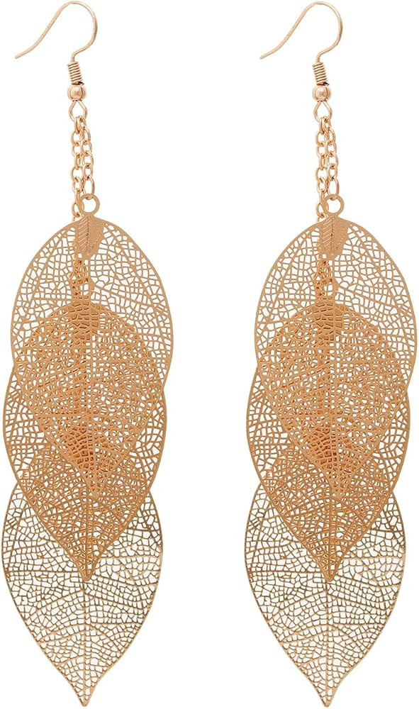 Filigree Copper Leaf Earrings Fashion Style Leaf Shape Dangle Earring Long Teardrop Dangle Drop Earr | Amazon (US)