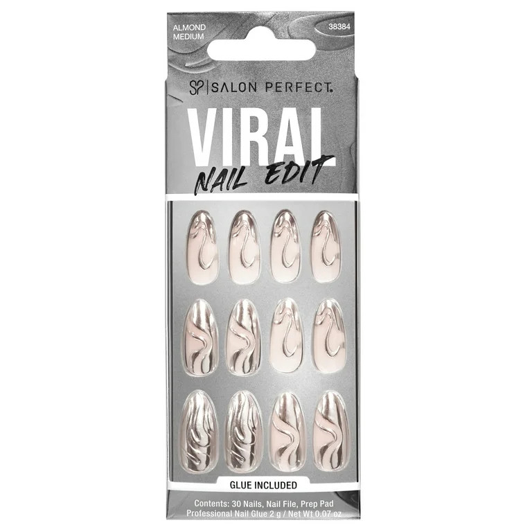 Salon Perfect Artificial Fake Press Ons, 355 Viral Nail Edit, Silver Chrome Swirl, Medium Almond,... | Walmart (US)