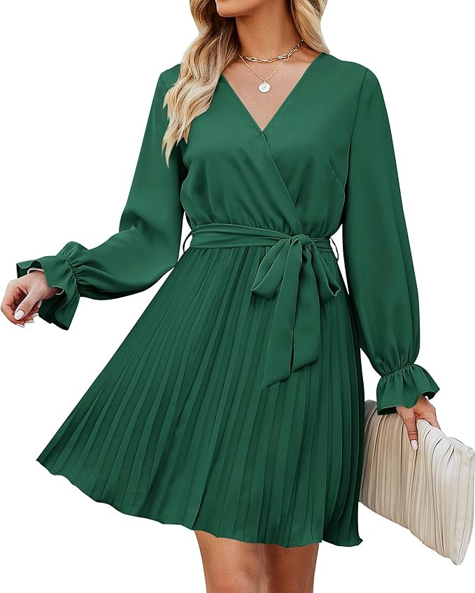 ZESICA Women's 2023 Casual Wrap V Neck Long Sleeve Tie Waist Swing Pleated Wedding Guest Mini Dre... | Amazon (US)