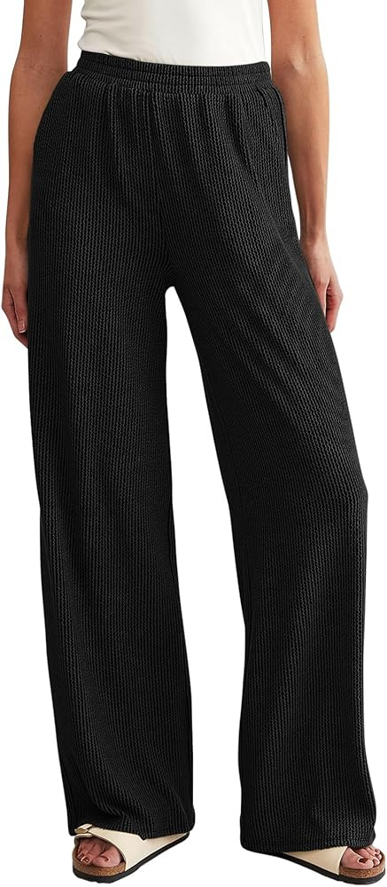 WICIWI Women's Casual Wide Leg Pants Fall Winter Elastic Waist Loose Rib Knit Lounge Palazzo Trou... | Amazon (US)