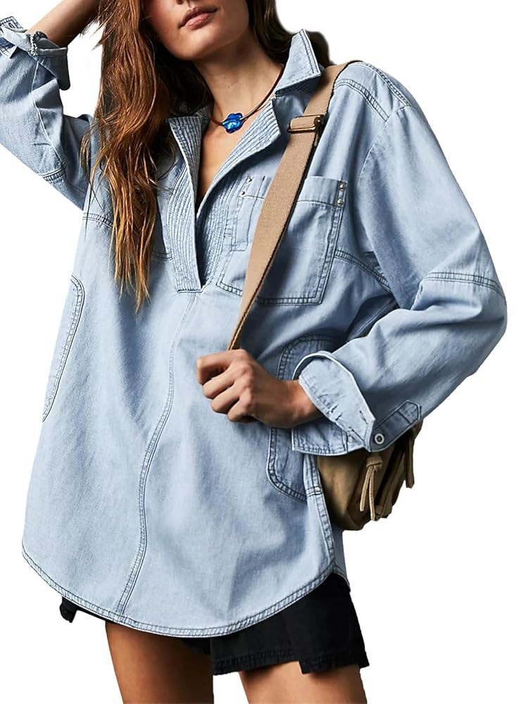 Fazortev Women's Denim Pullover Casual Button V Neck Blouse Loose Fit Long Sleeve Jean Jacket Wit... | Amazon (US)