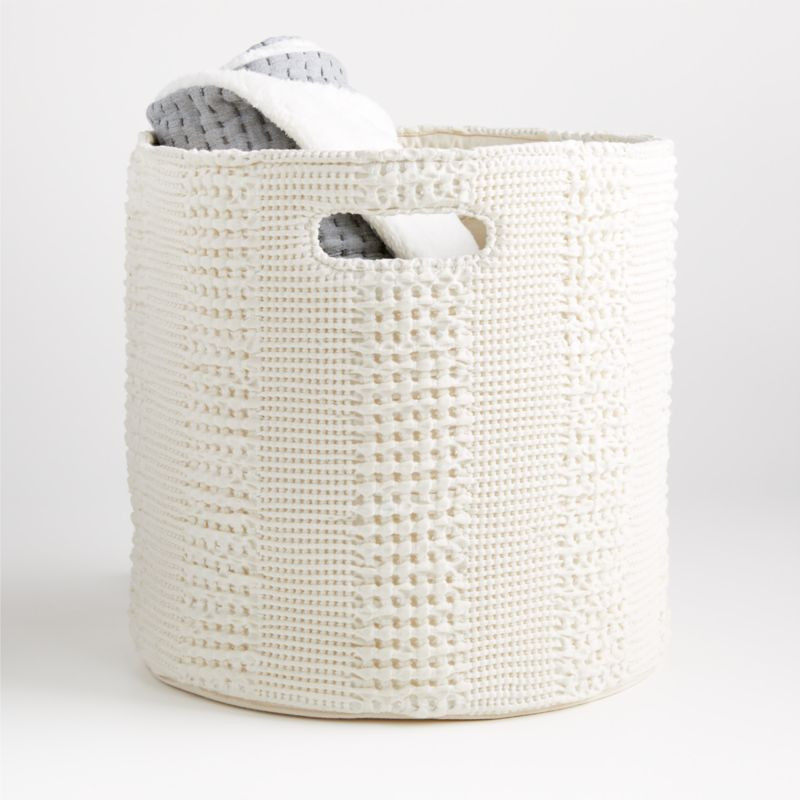 Nella Cream Cotton Waffle Weave Large Floor Bin with Handles + Reviews | Crate & Kids | Crate & Barrel