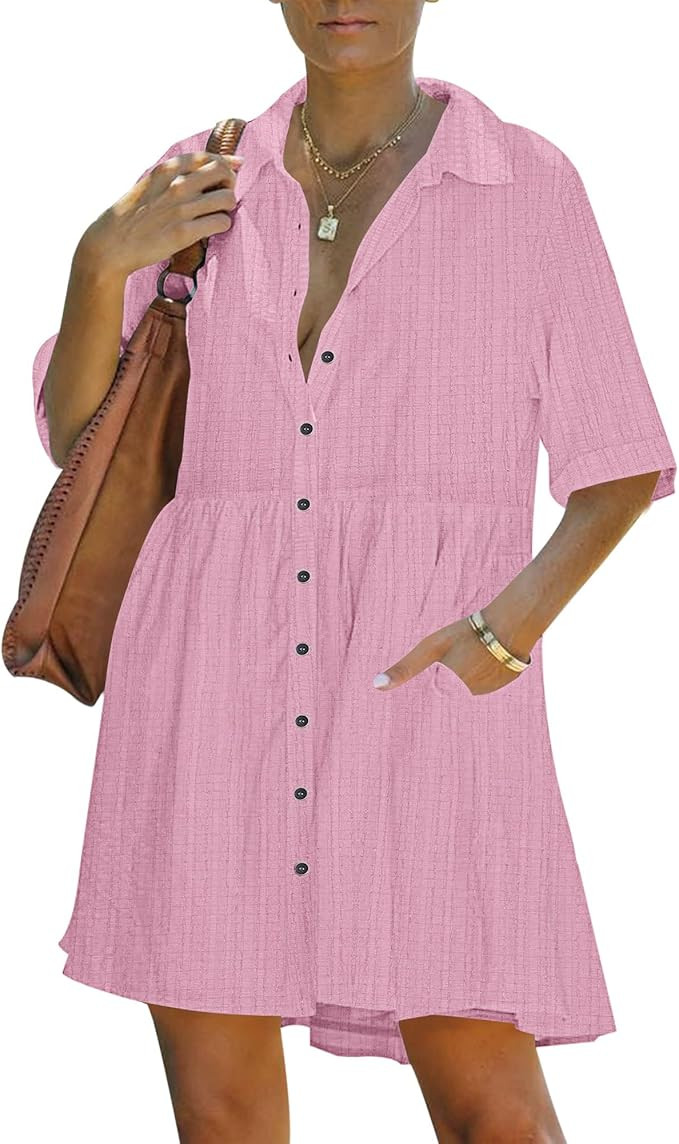 PYGFEMR Women's Summer Dress 2025 Short Sleeve Babydoll Tiered Button Down T Shirts Dresses with ... | Amazon (US)