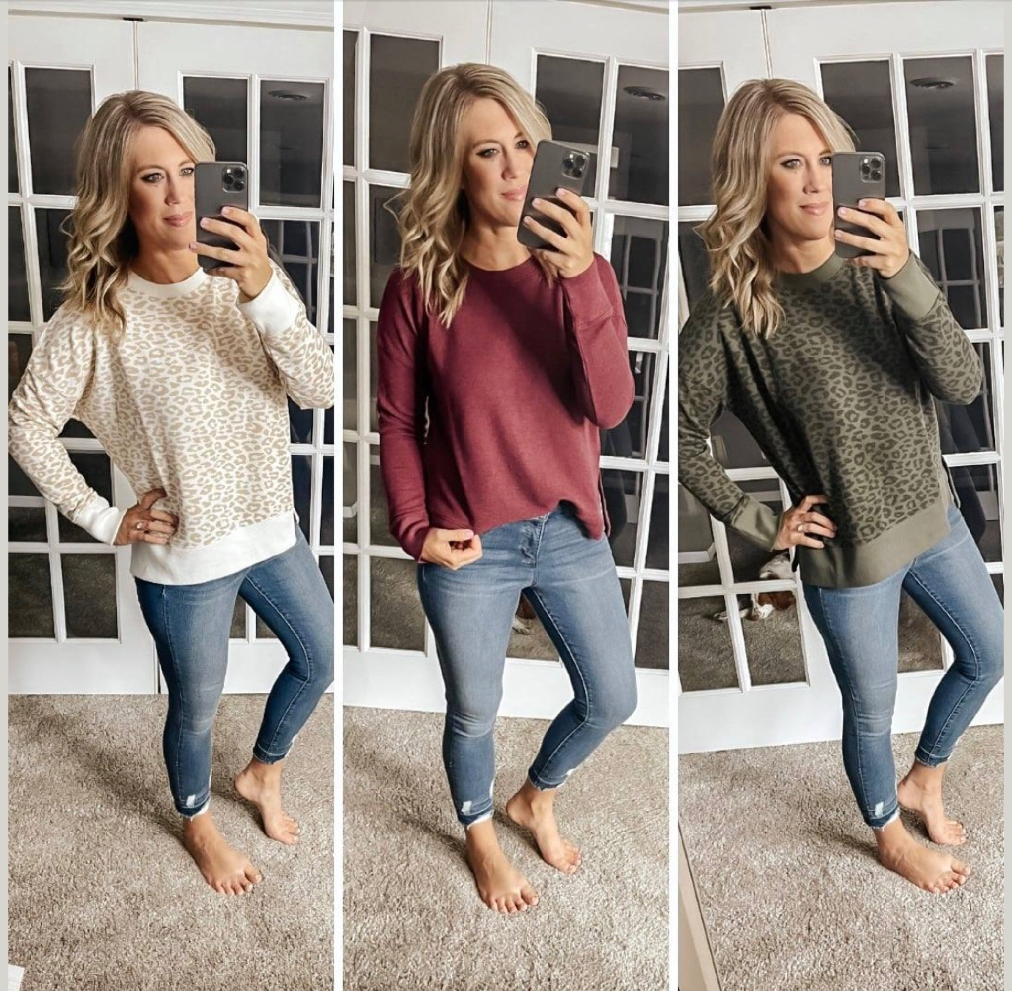 🎯I was on the lookout for a cute leopard top for fall, and came across these Time and Tru brand sweatshirts from Walmart!!! I couldn't settle on a color so I snagged these 3!! How could I not when they are just $11.98 each!!!! #ad I have been wanting to try out their Sofia Vergara jeans so I snagged a pair of those too! I am loving the hem on the ankles! True to size in the jeans and top!! 

#LTKunder50 #LTKstyletip