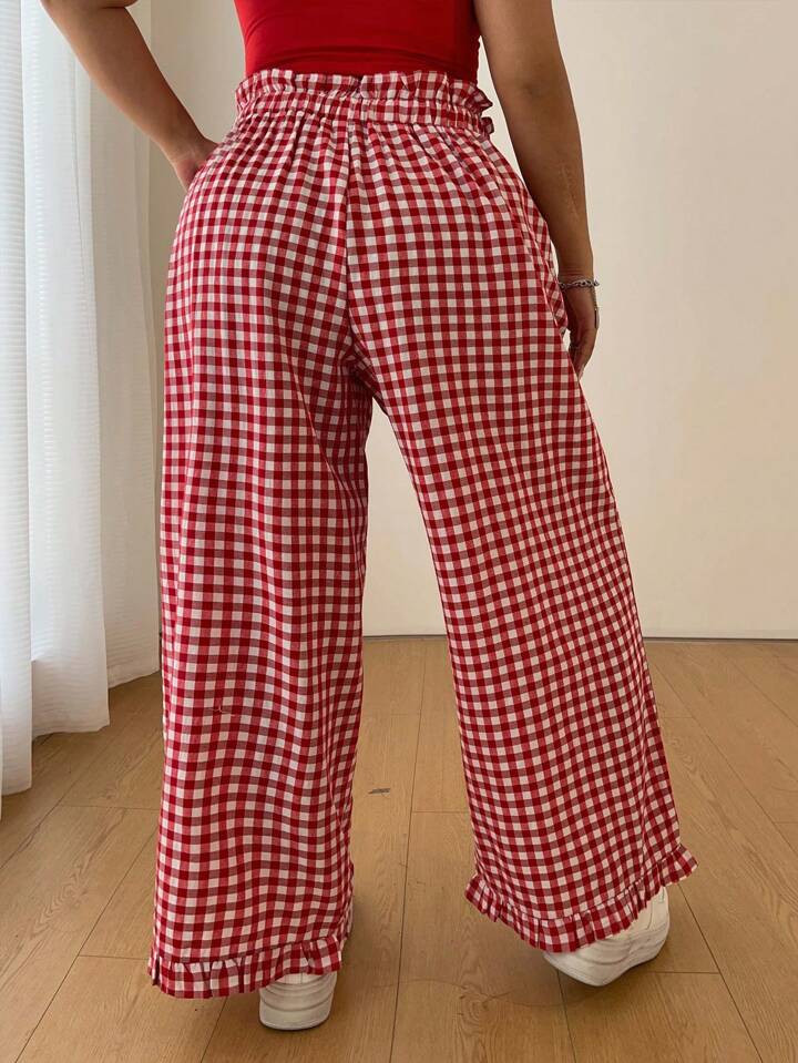POPSWAY New Vintage French Frill Trim Drawstring Plaid Casual Relaxed Straight Leg Loose Pants, P... | SHEIN
