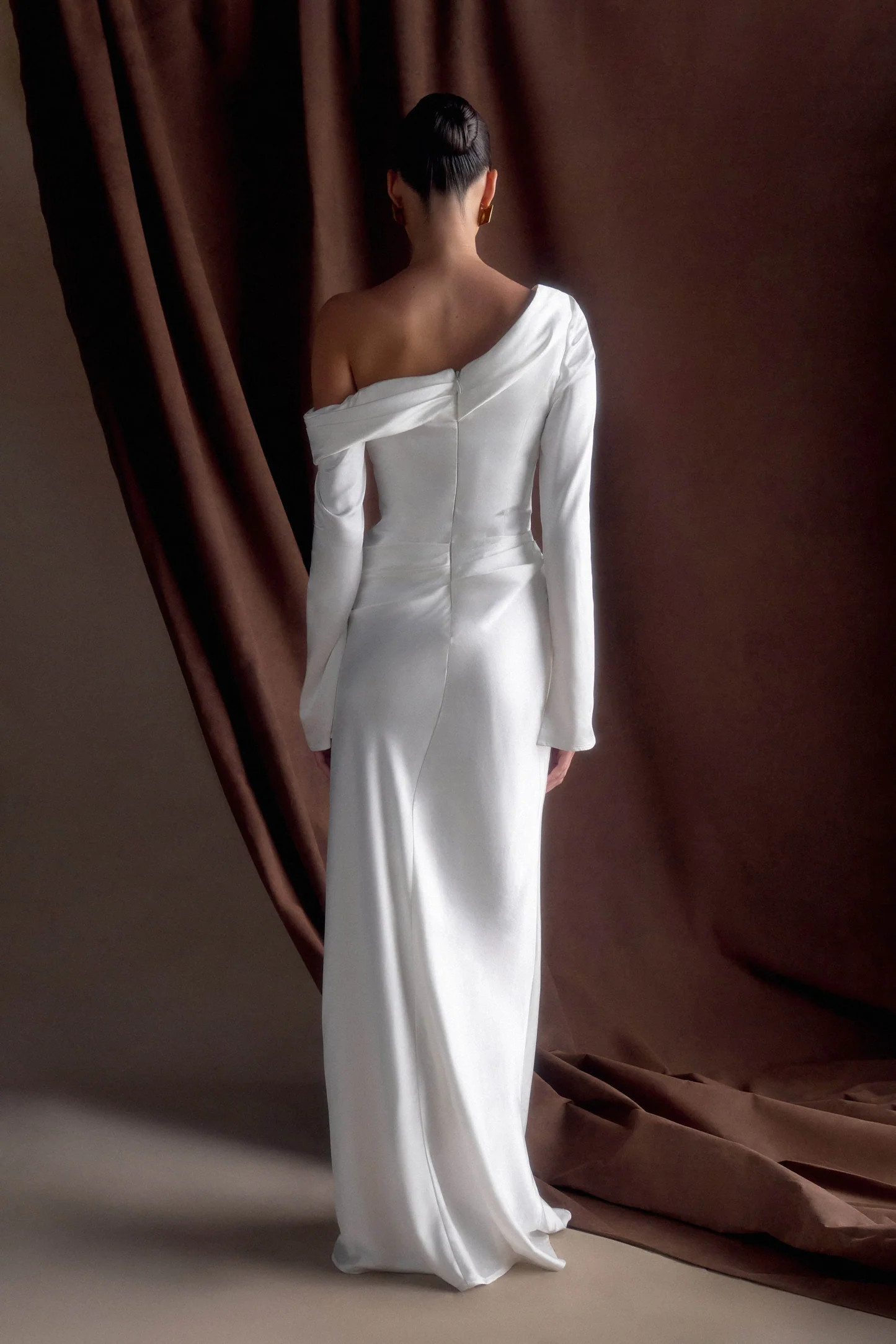 Iris Long Sleeve Satin Maxi Dress - White | Meshki UK