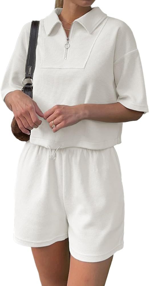 Glamaker Women's Casual 2 Piece Outfits Quarter Zip Summer Short Sets Sweatsuits Crop Top Short S... | Amazon (US)