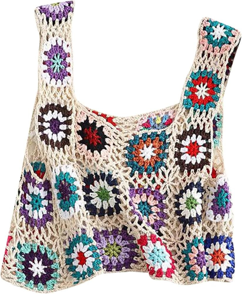 Women Summer Crochet Tank Top Colorful Floral Embroidery Knit Vest Tops Sexy Cut Out Camisole Bea... | Amazon (CA)