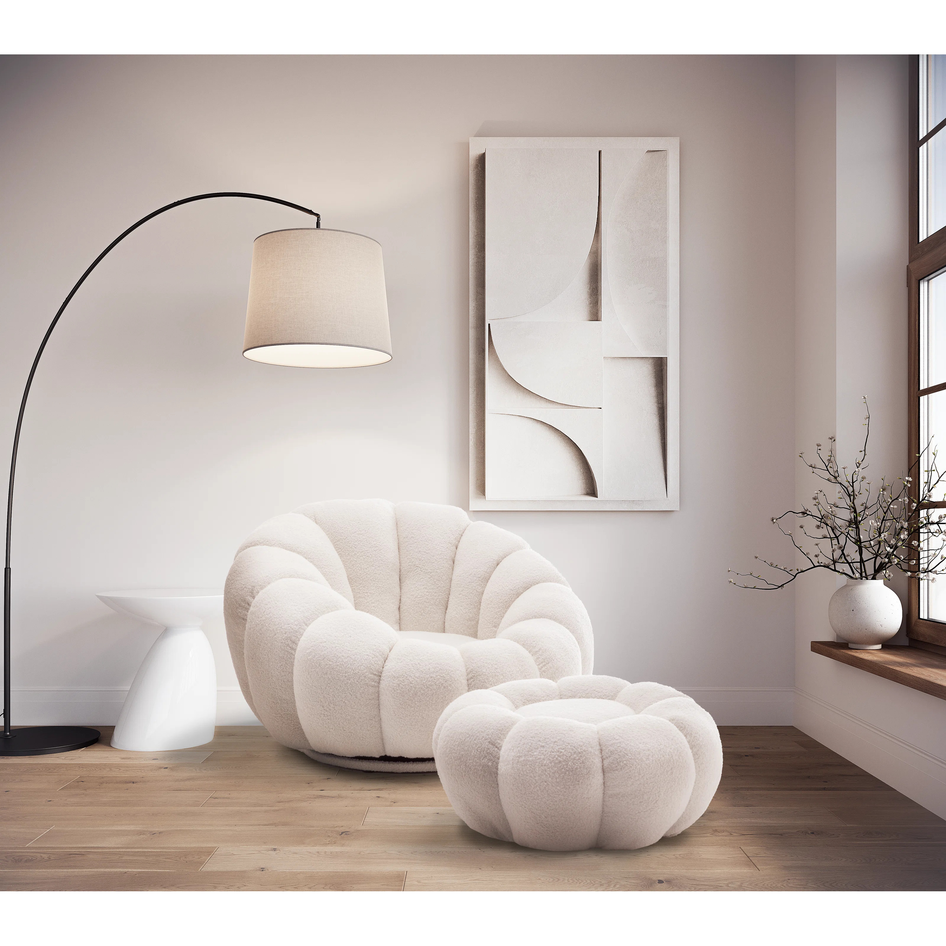 Perse Teddy Boucle Swivel Accent Chair with Footstool | Wayfair UK