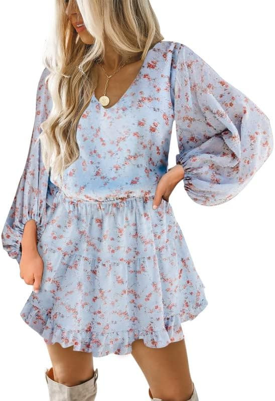 Dokotoo Womens 2023 Spring V Neck Ruffle Chiffon Elegant Mini Short Swing Skater Dresses | Amazon (US)