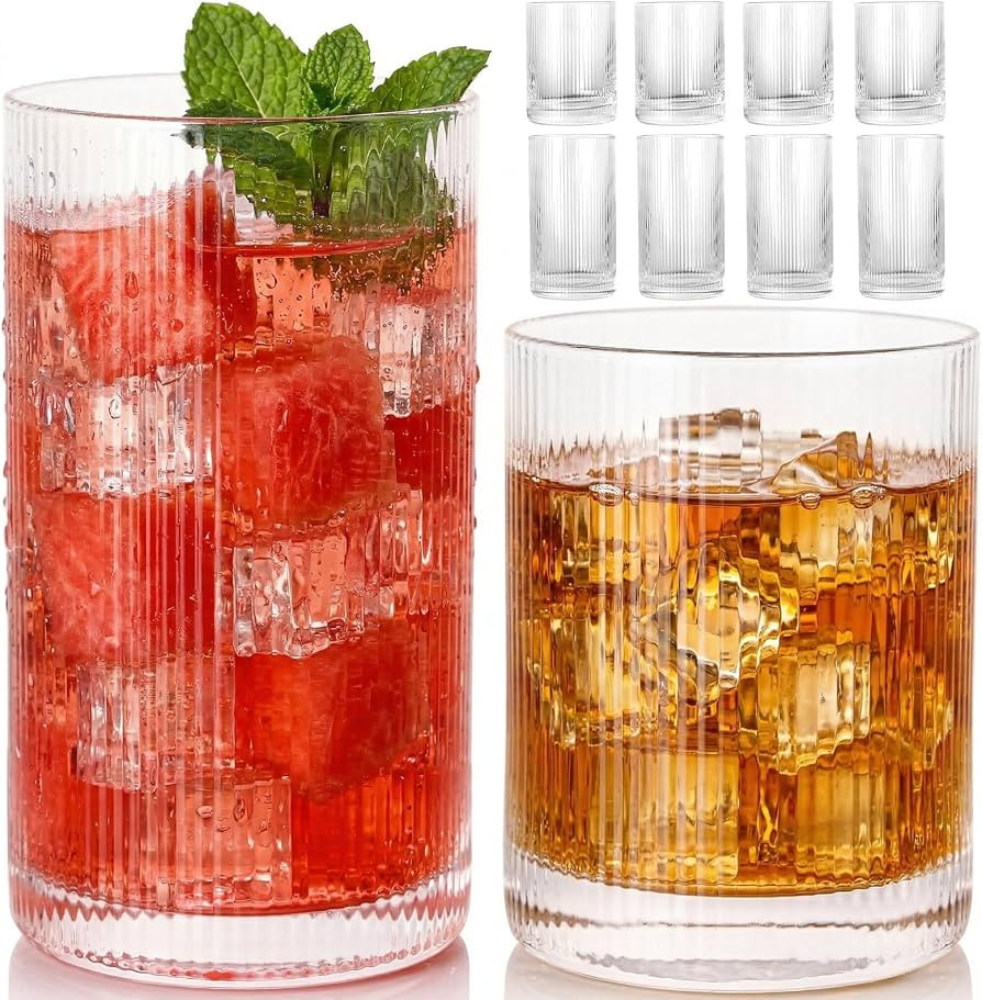 JOVGANK Drinking Glasses Set of 8 \u2013 Lead-Free Crystal Glassware, 4 Tall 15oz & 4 Short 10oz ... | Amazon (US)
