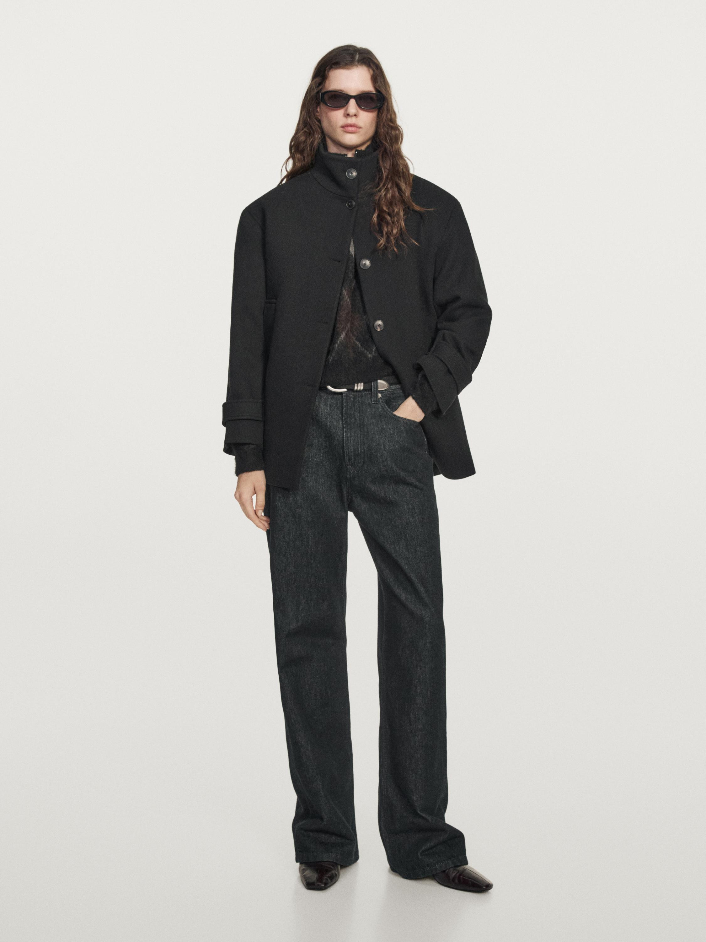 Wool blend high neck coat with button fastening | Massimo Dutti US