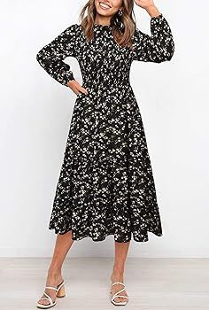 HMPRT Women's Flowy Smocked Tiered Midi Dress Floral Chiffon Round Ruffle Neck Long Sleeves Dress... | Amazon (US)