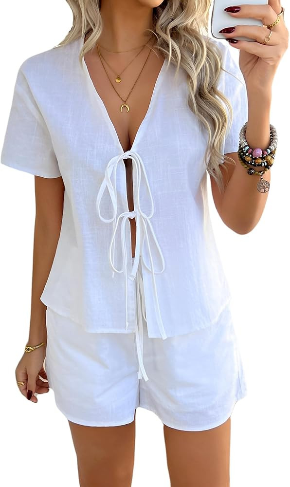 Women's Summer Short Sets Front Tie V Neck Shirt Tops Matching Casual Shorts 2 Piece Outfits Vacation Loungewear | Amazon (US)