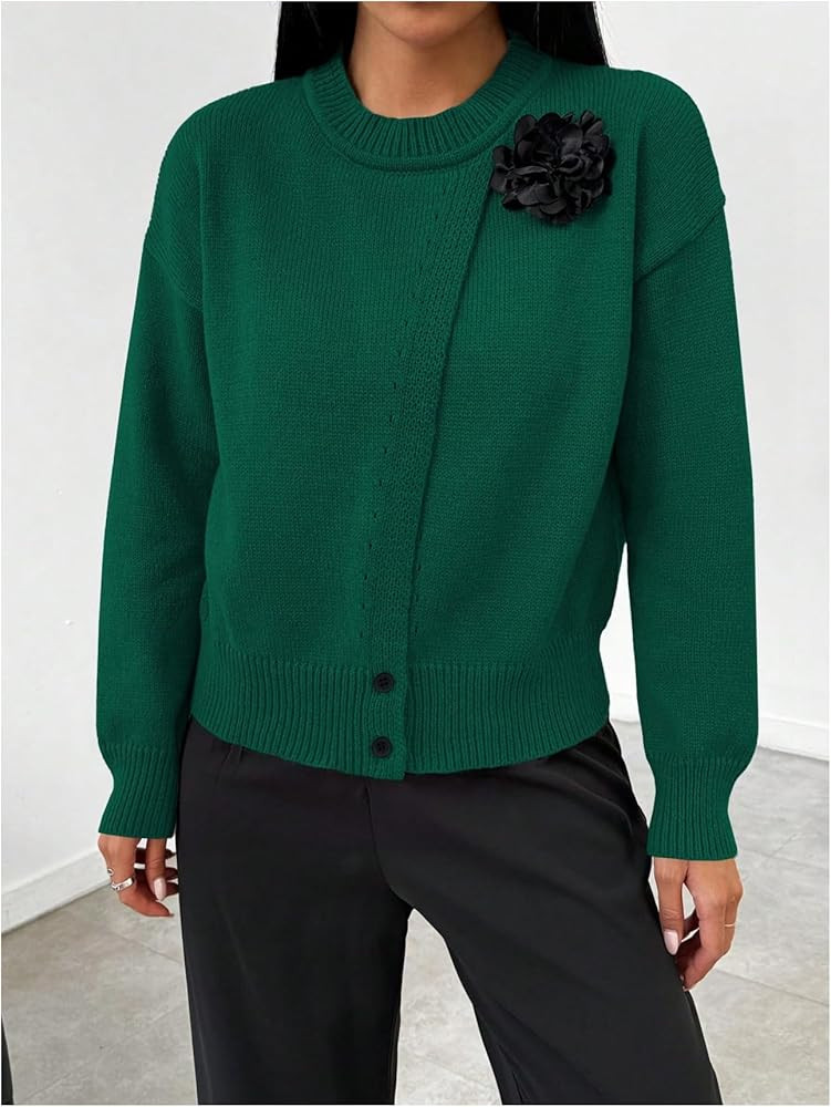 MakeMeChic Women's 3D Floral Wrap Sweater Crew Neck Button Front Long Sleeve Pullovers Sweaters | Amazon (US)