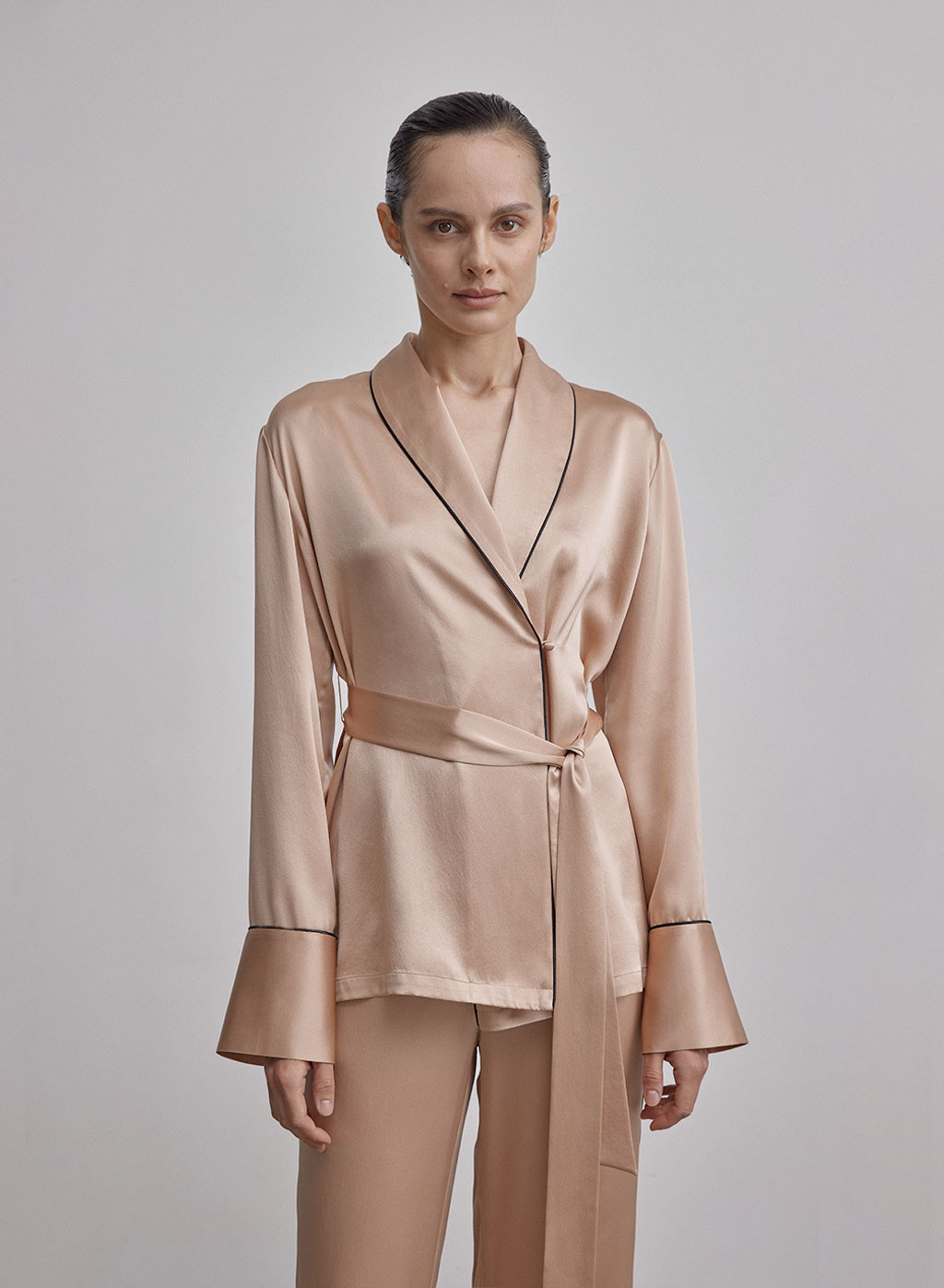 Shawl Collar Trimmed Silk Nightgown | Silk Maison