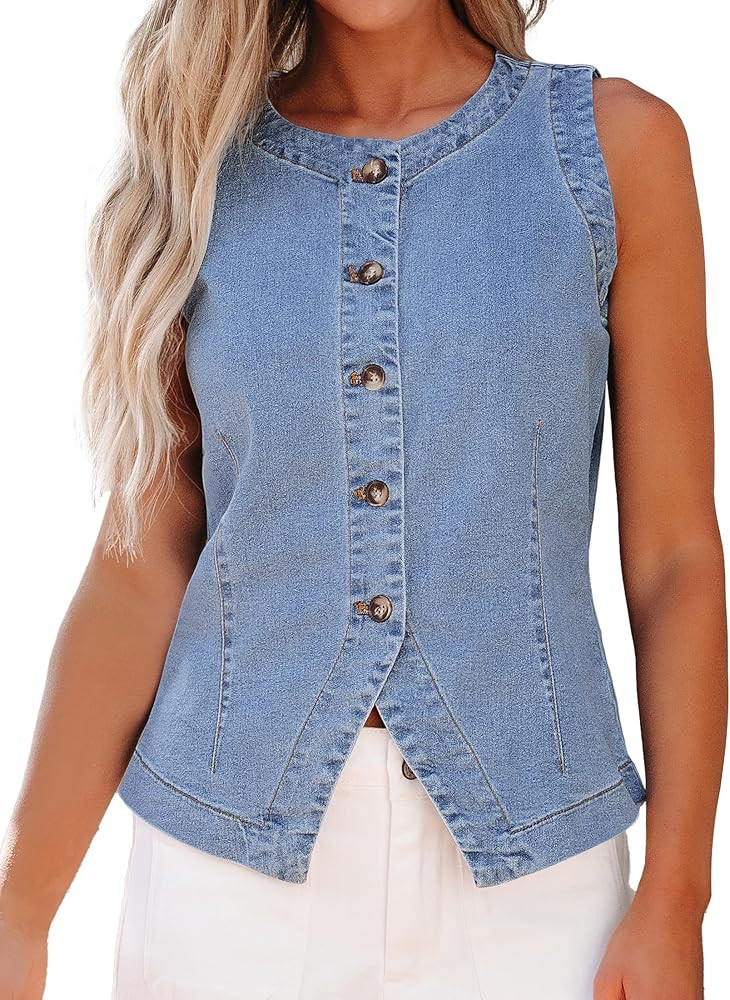 luvamia Denim Vest for Women Sleeveless Strechy Jean Vest Top Button Down Crewneck Casual Summer ... | Amazon (US)