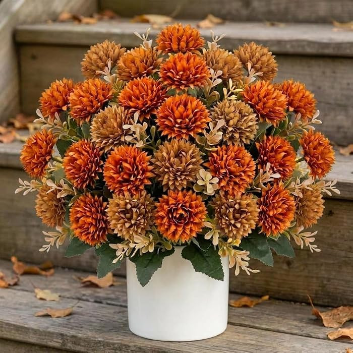 4 Pcs Artificial Mums Mixed Fall Colors, Two-Tone Caramel Brown & Burnt Orange Faux Mums for Outd... | Amazon (US)