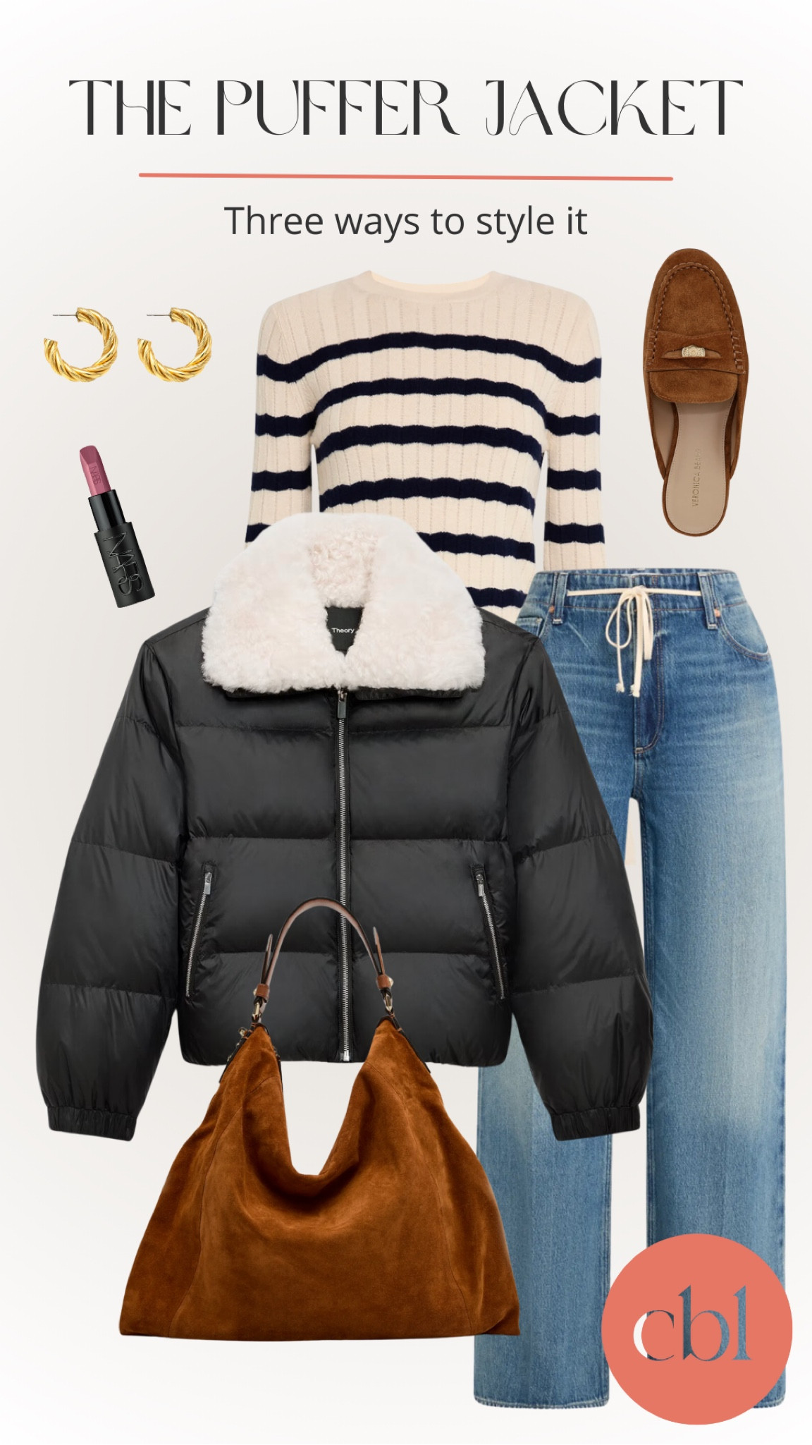 How to style the puffer jacket… This Theory puffer is styled with trendy drawstring jeans and a classic stripped sweater. Pair the looks with suede accessories for a chic day look!

#LTKU #LTKStyleTip #LTKSeasonal
