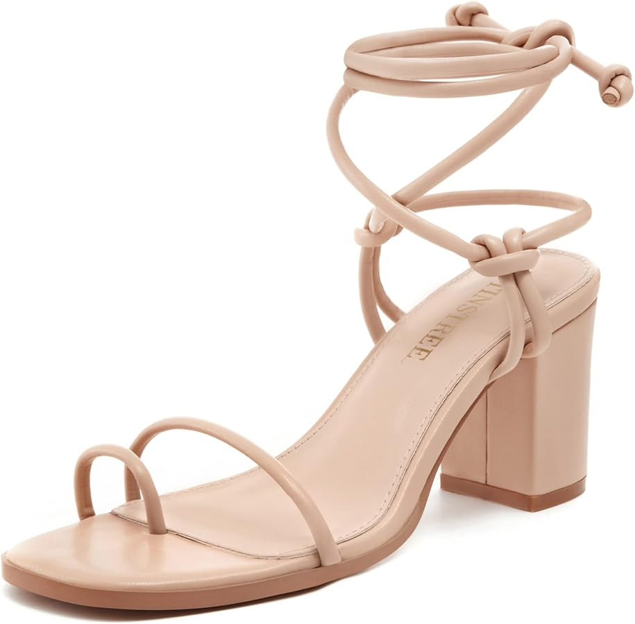 TINSTREE Women's Strappy Block Heels Square Toe Lace Up Chunky Heel Sandals Dressy Shoes | Amazon (US)