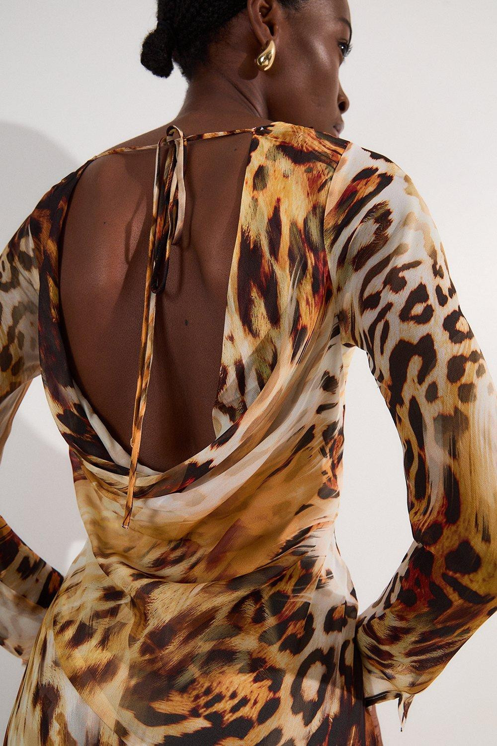 Sheer Viscose Georgette Sketchy Animal Woven Cowl Back Maxi Dress | Karen Millen US