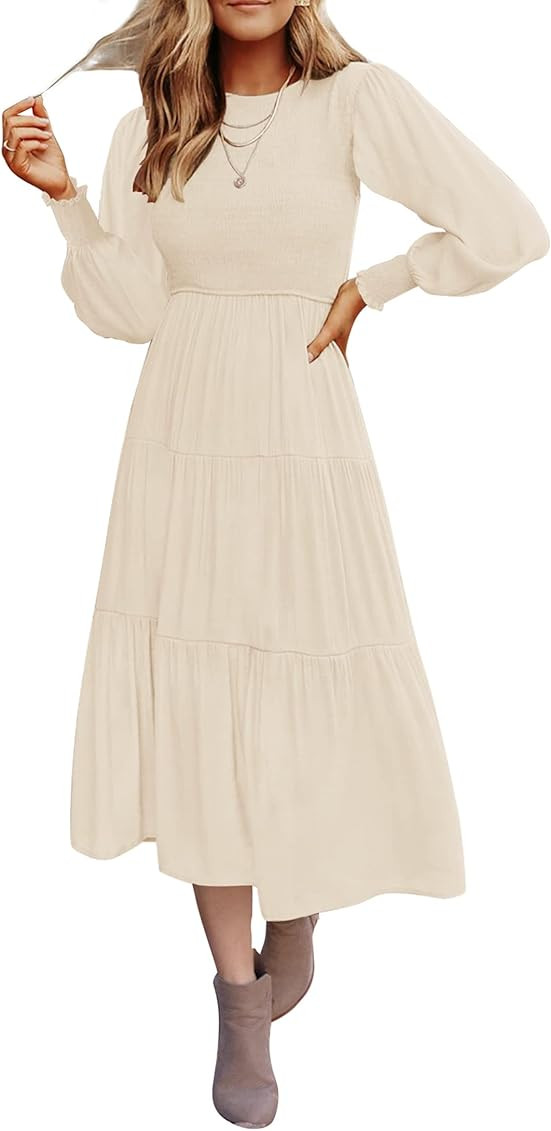 ZESICA Women's 2023 Casual Long Sleeve Crew Neck High Waist Smocked Flowy Tiered Midi Dress | Amazon (US)