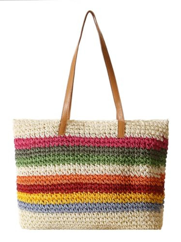 Rainbow Striped Straw Bag, Women's Beach Tote for Sunny Days, Summer Vacation Purse (Beige) | Amazon (US)